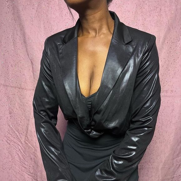 Blazer like blouse small black and shiny Los Angeles designer - Picture 2 of 5